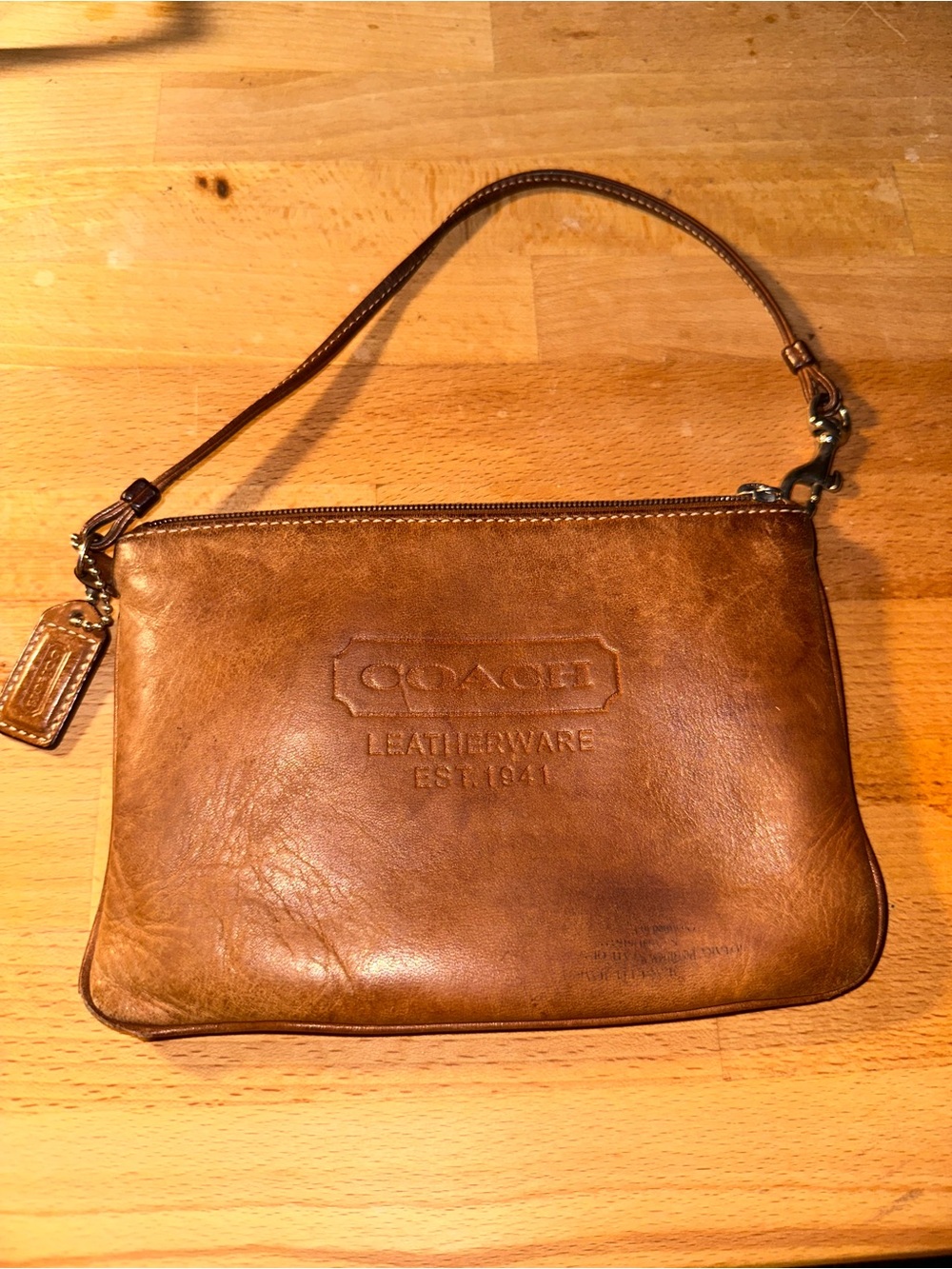 Coach Brown Leather Wristlet with Embossed Logo